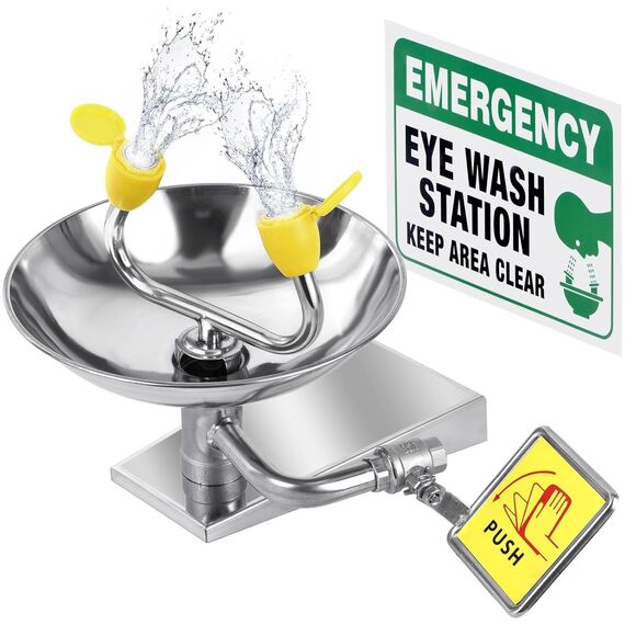 304 Stainless Steel Eye Wash Station, Wall-Mounted Emergency Eye Washer Enlarged - Picture 1 of 7